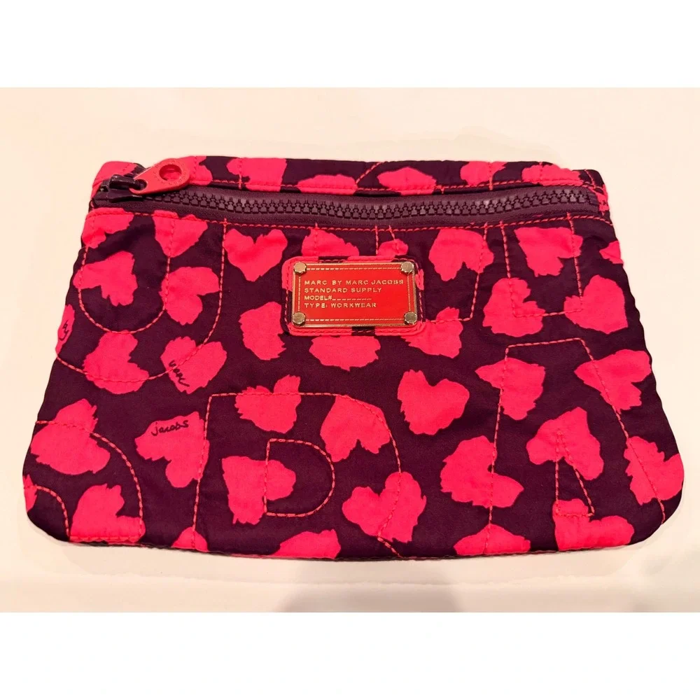 Marc by Marc Jacobs Pink‎ Purple Heart Leopard Quilted Nylon Cosmetic Pouch Bag